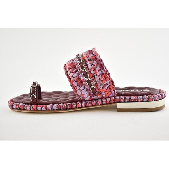 Chanel 20S Red Purple Raffia Tweed CC Chain Logo Mule Slide Strap Flat Sandal 37 - Picture 9 of 12